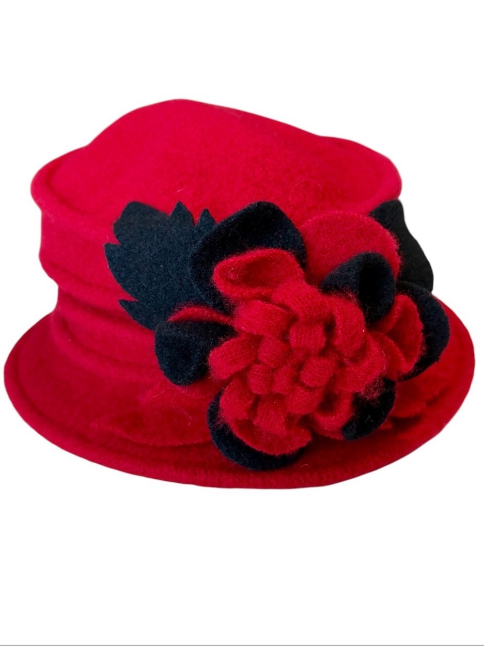 Vintage Women's 100% Wool Red Cloche Bucket Hat Flower Accent